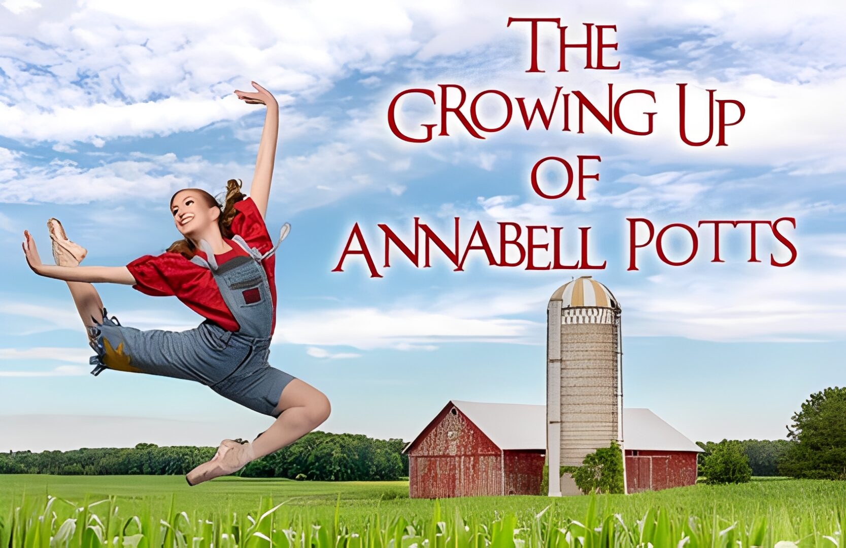 Ballet dancer leaping near farm building.