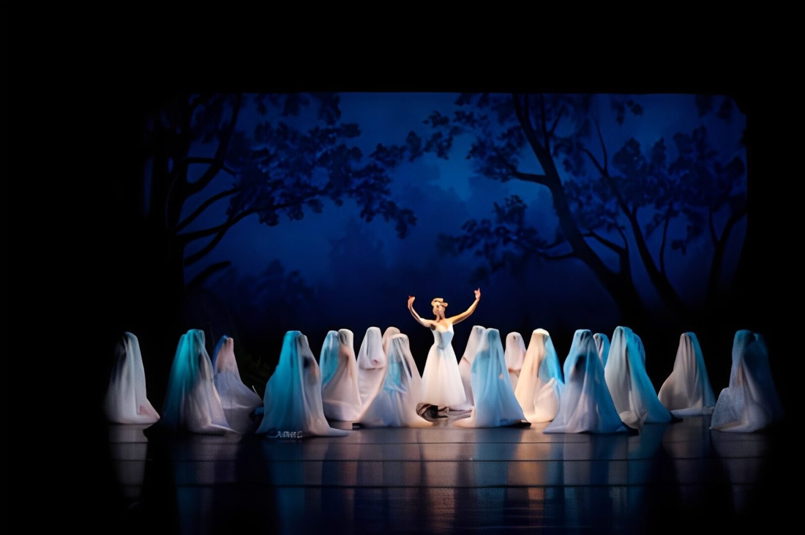 Ballet dancers performing on a dimly lit stage.