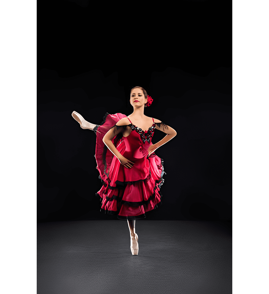 Ballerina posing in red and black dress.