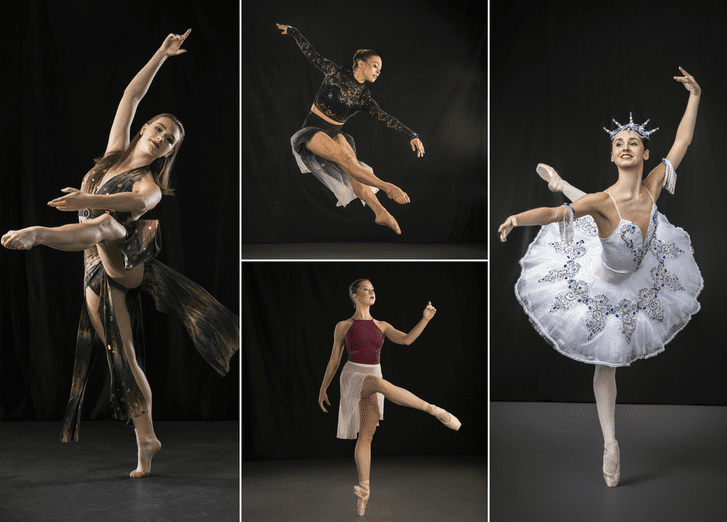 Four ballet dancers performing in varied costumes