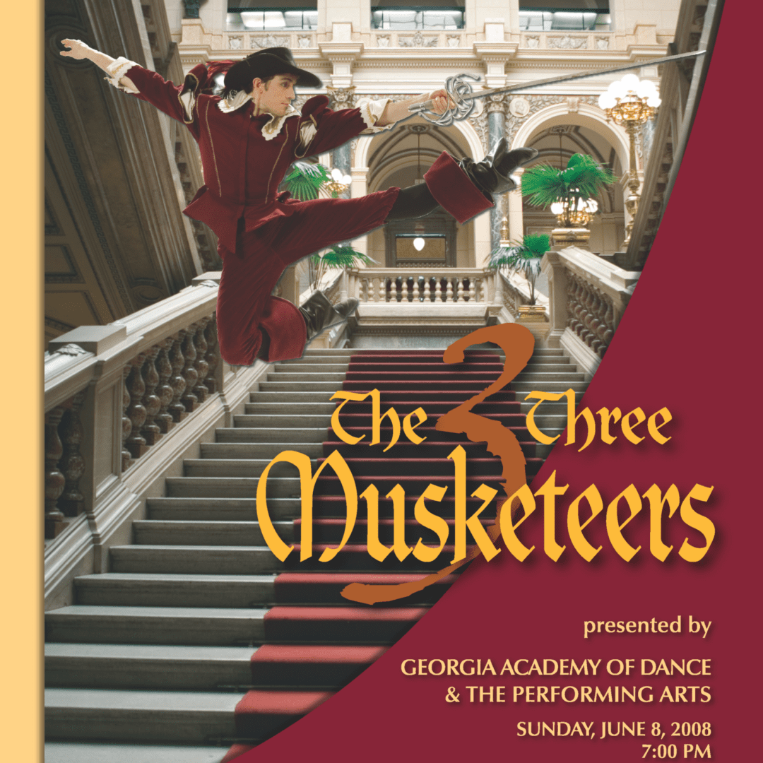 Three Musketeers dancer leaping with sword on staircase