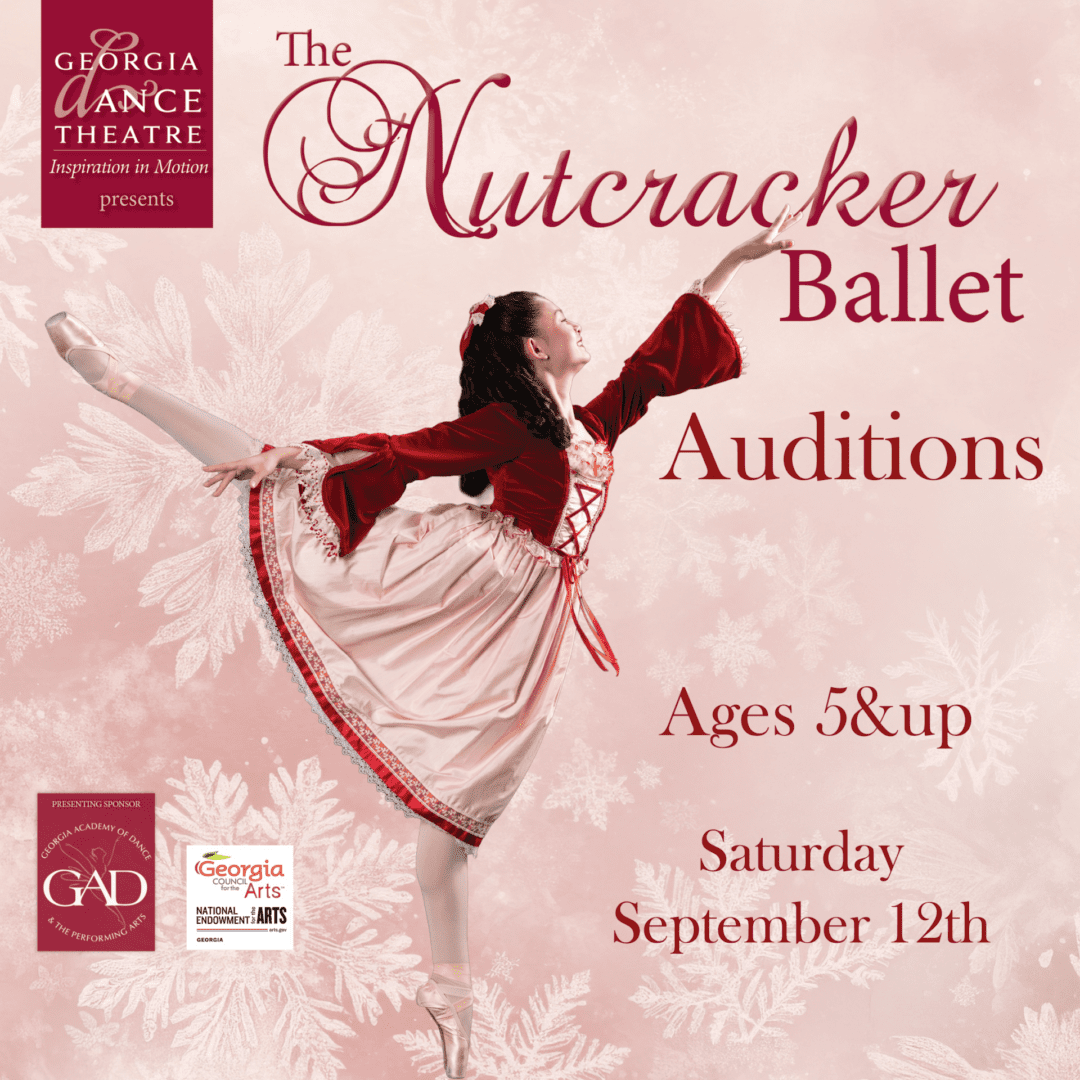 Nutcracker ballet auditions poster, dancer in red